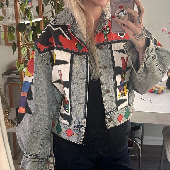 Sammons vintage 80s wearable ART Southwest Navajo Symbolic Denim Jacket - Picture 9 of 9